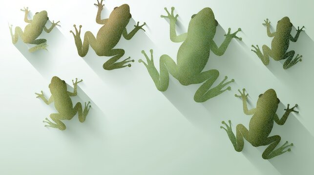 A minimalist illustration of seven green frogs casting long shadows on a light background, ai animal backgrounds for kids