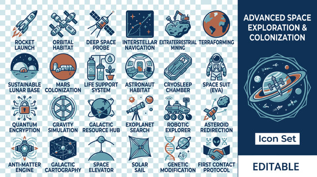 Space exploration icons showcase various spacecraft and technology on a deep space background with planets and stars.