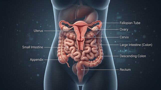 Human female reproductive and digestive system anatomy illustrated