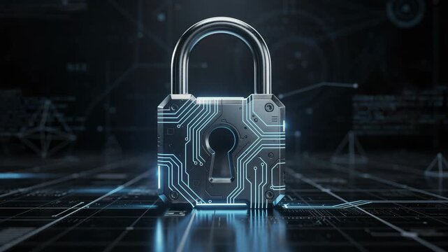 Futuristic glowing digital padlock with circuit patterns securing high-tech data protection technology