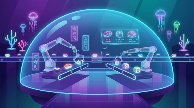 Futuristic gaming setup with neon underwater and desert biome holograms