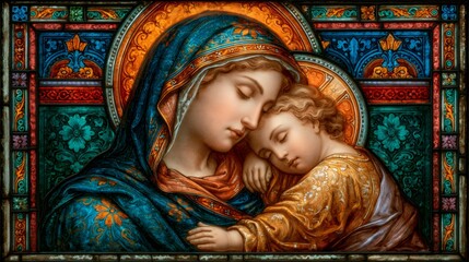 Obraz premium Virgin Mary and sleeping baby Jesus stained glass