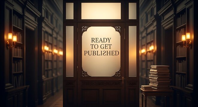 Open book with ready to get published text on warm glowing shelf background