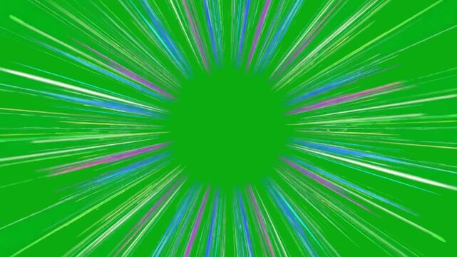 Multicolor neon radial action lines animated on a green screen chroma key background action manga anime zoom effect speed flash dash comic motion combat overlay element movement pattern a epic