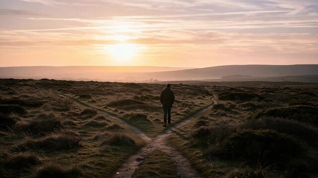 Solitary person walking on sunlit rural forked path surrounded by open green fields and clear sky
