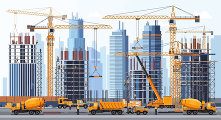 Construction Site with Cranes, Skyscrapers, and Machinery © Wahyu