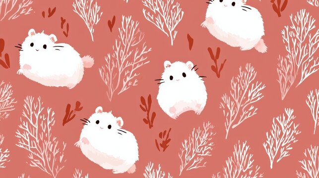 Cute white hamsters with pink accents are scattered on a coral background adorned with delicate coral and seaweed illustrations, ai animal backgrounds for kids