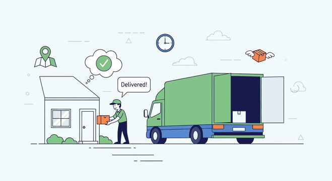 Delivery truck dropping off package at house, courier delivering parcel to doorstep, logistics and shipping concept