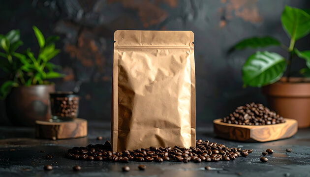 Blank brown paper ziplock bag with coffee beans and green plants, food packaging mockup, organic product presentation