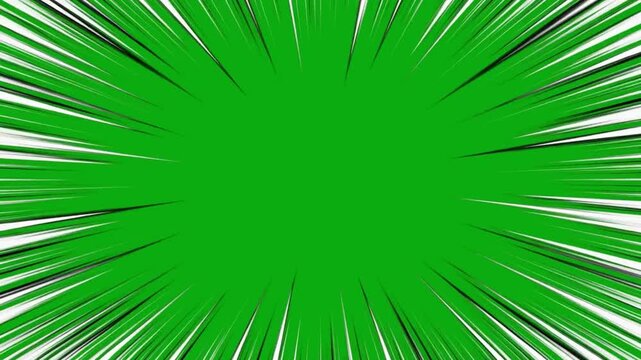 Thick black white radial lines animated on a green screen chroma key background effect comic manga action flash zoom motion dash speed anime run graphic transition time overlay to effect