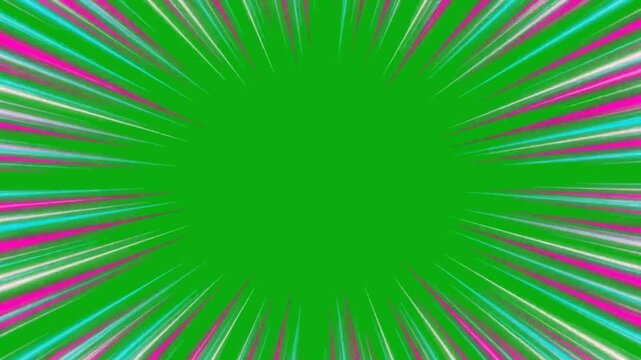 Multicolor dense radial manga lines animated on a green screen chroma key background comic effect anime manga motion zoom dash flash action speed effect adrenaline dash backdrop do explosion on