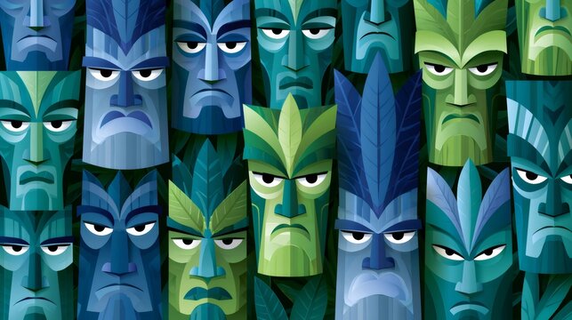Tribal tiki masks forming seamless jungle pattern