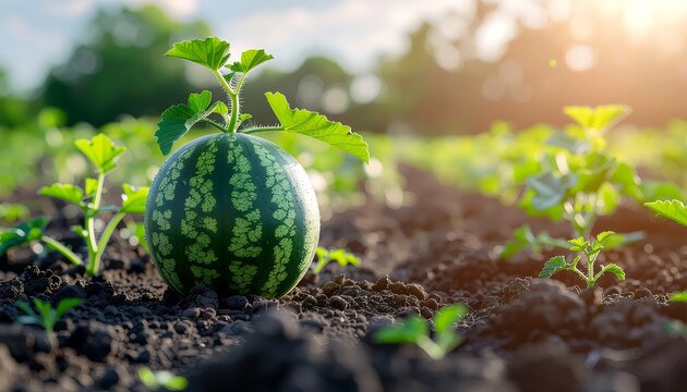 A small green watermelon growing in a sunny garden field.