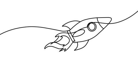 One continuous line drawing of Rocket space ship launch.  © KhaerulL