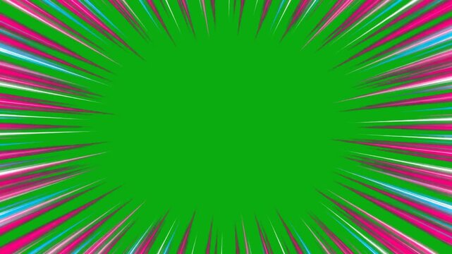 Pink multicolor radial dash lines animated on a green screen chroma key background flash dash zoom anime motion manga comic speed effect action a pow transition cut line adrenaline go a impact