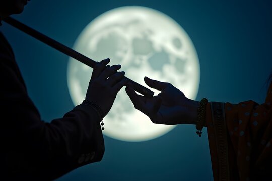 A person plays a flute under the light of a full moon