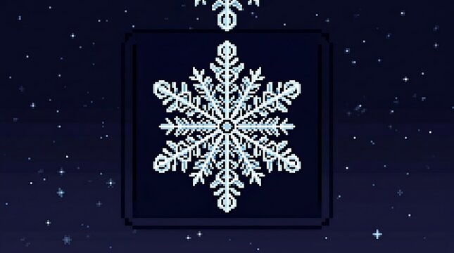 Pixel art snowflake design on dark blue background with stars