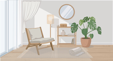 Minimalist Japandi interior elements collection, isolated Muji style furniture vector, light wood home decor bundle, Scandinavian Japanese style decor clip art set. © yud
