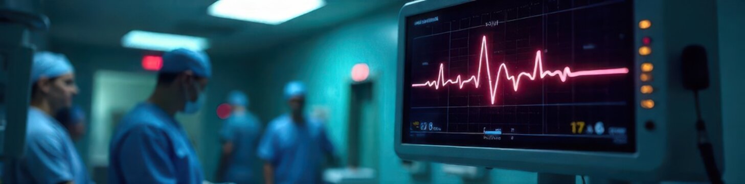 A flatlined heart monitor displays a straight grey line in an emergency room, symbolizing healthcare and critical condition , life support, straight line