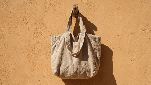 오커색(Ochre) 흙벽 앞 걸린 베이지색 린넨 비치 백(Bag)