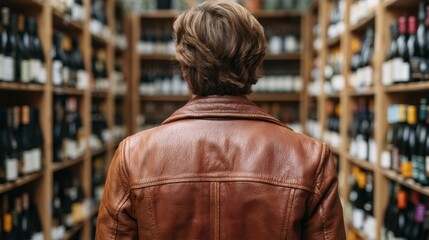 Fototapeta premium Person wearing brown leather jacket standing in aisle between wooden shelves filled with various bottles in a store or wine cellar setting