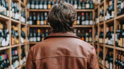 Fototapeta premium Man wearing brown leather jacket standing with back turned looking at shelves filled with variety of glass bottles in wooden racks inside store