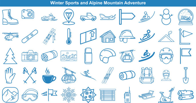 Set of winter sports and alpine mountain icons in thin line art style for travel