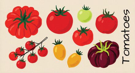 Vintage tomato variety collection, flat vector illustration of heirloom tomatoes and cherry tomatoes on vine, organic vegetable garden set © Muhammad
