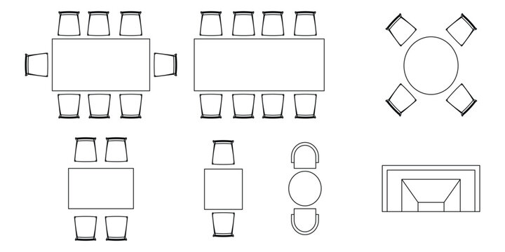 Dining table and chair top view furniture set for living room interior design planning with various seating.
