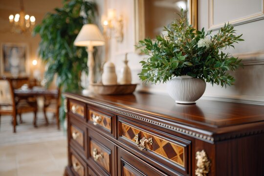 Luxury antique wooden commode decorating elegant classic interior