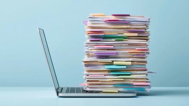 Overwhelming stack of colorful paper documents with sticky notes piled high on open laptop computer on blue background representing work overload and organization challenge
