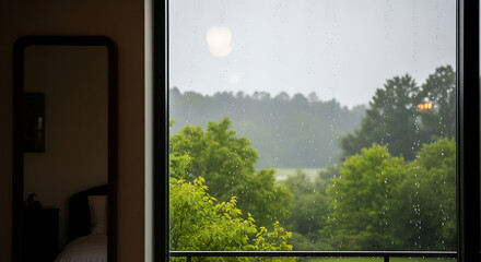 Fototapeta premium Rainy window view of misty lake landscape with lush green trees and distant hills