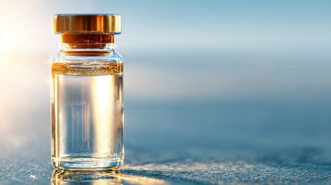 Clear glass vial with liquid showing reflections and a blurred background illuminated by sunlight, symbolizing research and clinical applications