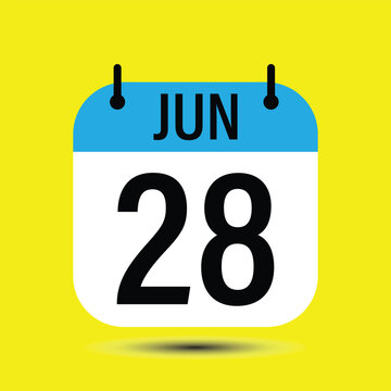 Calendar icon displaying june 28th date, blue and white design with yellow background.