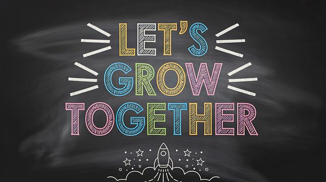 Colorful lets grow together motivational teamwork message on chalkboard