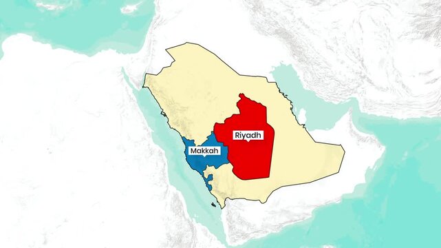 Animated map highlighting Riyadh, Al Madinah, and Makkah regions within Saudi Arabia