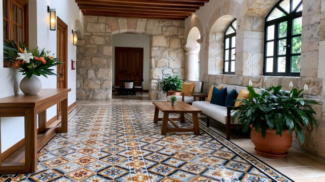 Spanish colonial architecture interior with patterned tiled floor