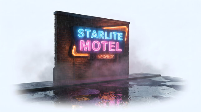 Vintage Neon Starlight Motel Signboard on Brick Wall on Rainy Night