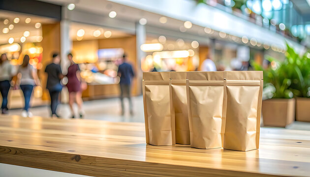 Blank kraft paper pouches lined up on a wooden counter in a blurred shopping mall, retail packaging mockup, product display
