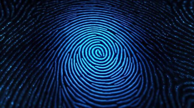 Glowing blue fingerprint pattern on dark background, biometric security identification concept