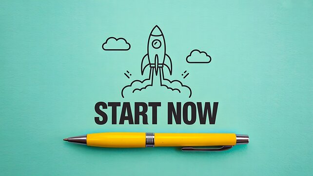 Start now motivational text with rocket drawing and pencil
