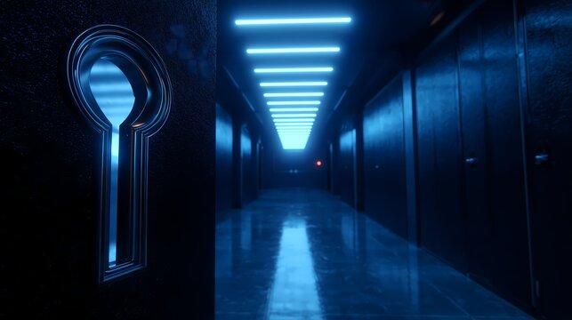 Futuristic server room corridor with glowing blue keyhole, data center cybersecurity concept