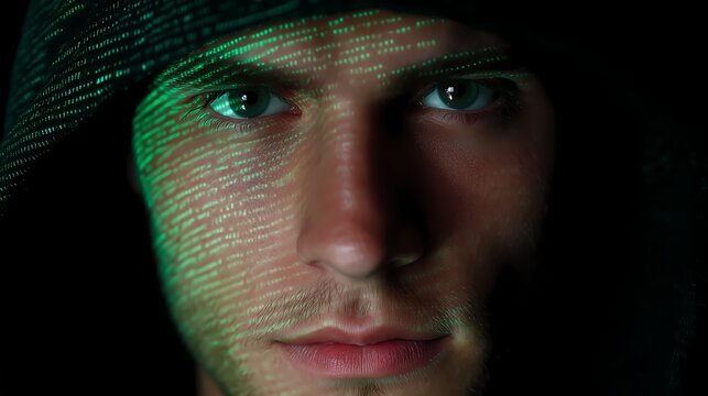 Hooded hacker face with green code reflection in dark, cyber criminal anonymous concept