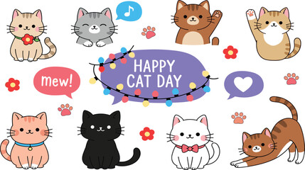 Obraz premium Cute Kawaii Cat Character Set for Happy Cat Day Celebration with Various Kitty Poses, Speech Bubbles, and Decorative Elements for Stickers, Cards, and Childrens Designs