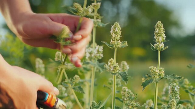 Close up of female hands harvesting blooming lemon balm or catnip herbs in sunny garden with pruning shears.