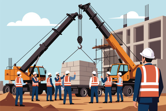 Industrial construction site scene shows heavy machinery cranes lifting concrete blocks while workers in safety gear supervise progress.