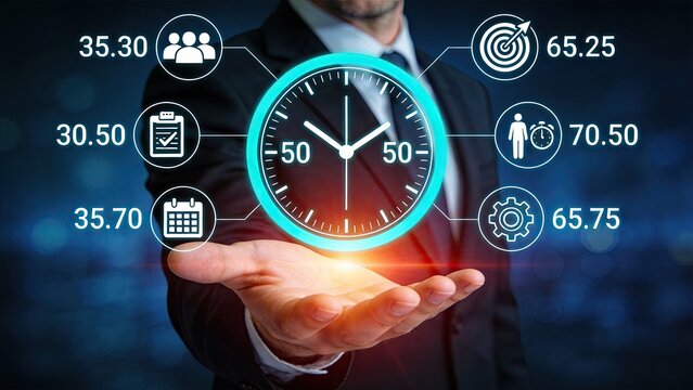 Executive hand presenting glowing clock surrounded by KPI metrics: team, target, person timer, gear, calendar, checklist, numbers 35.30, 65.25, 70.50, 65.75, 30.50, 35.70,