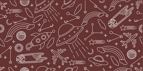 Space themed pattern background. Seamlesa pattern of space themed doodle pattern background. Hand drawn spaces doodle pattern background. Seamless space planet kid doodle universe design. © Predi