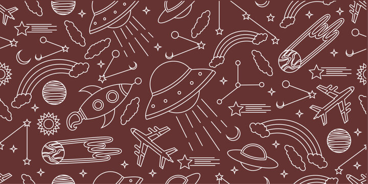 Space themed pattern background. Seamlesa pattern of space themed doodle pattern background. Hand drawn spaces doodle pattern background. Seamless space planet kid doodle universe design.
