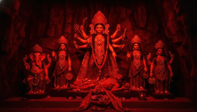 Mysterious red multi-armed deity statue with followers in dark pixelated style